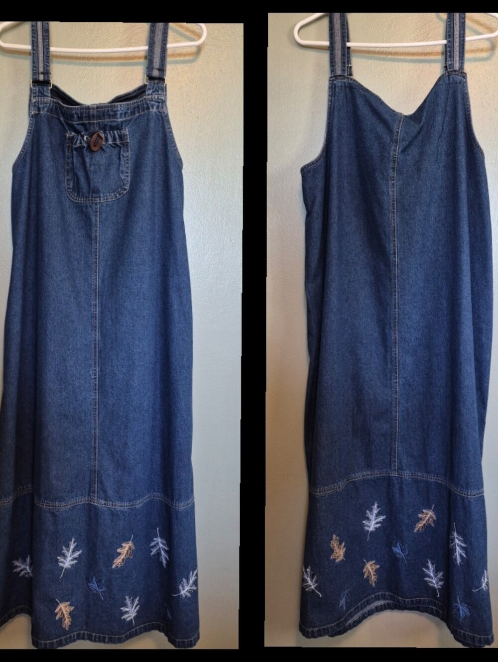 Vintage Embroidered Denim Jumper Midi Dress Size 14 Altered.